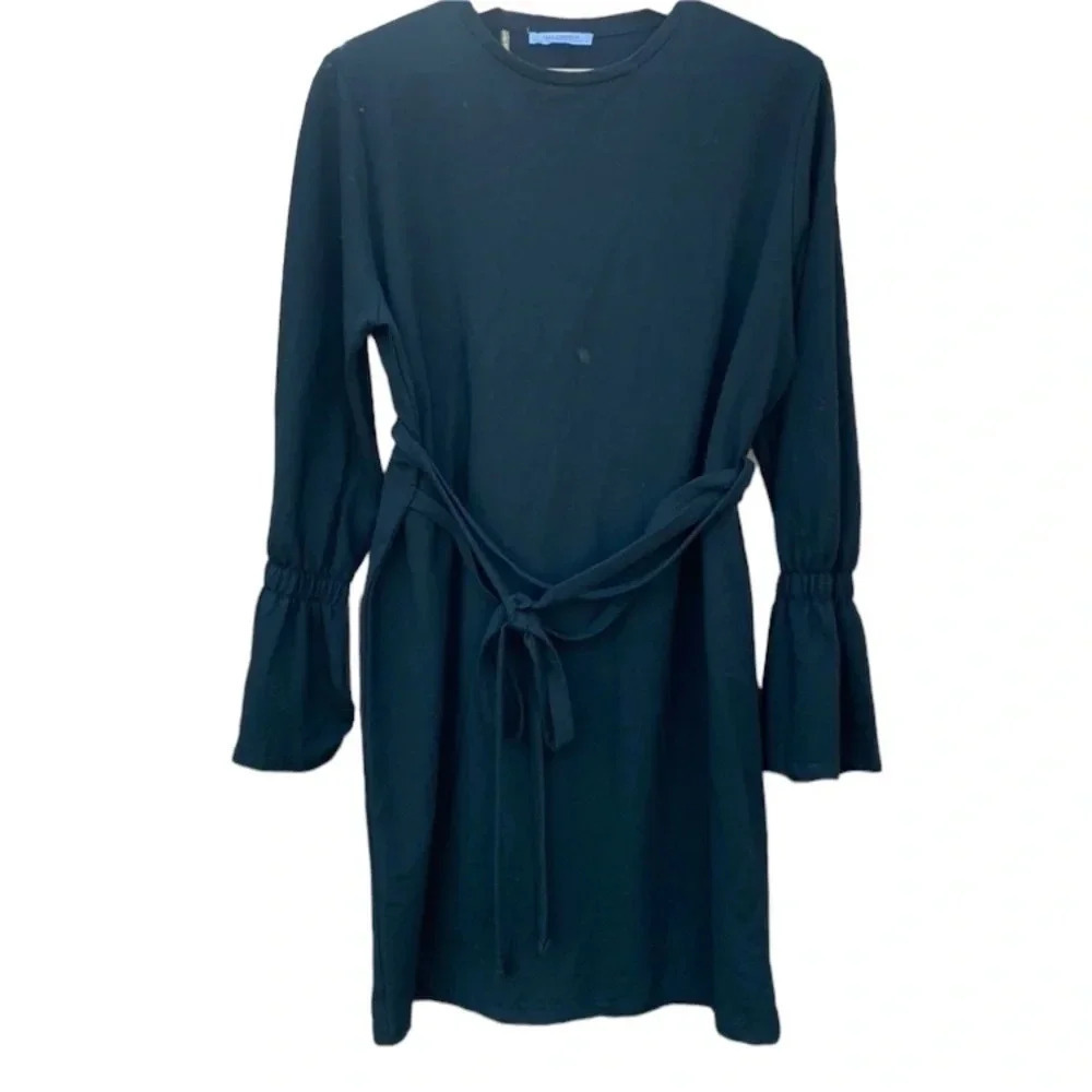 Zara medium black dress with belt, ruffled sleeves, pit to pit 22", length 34"